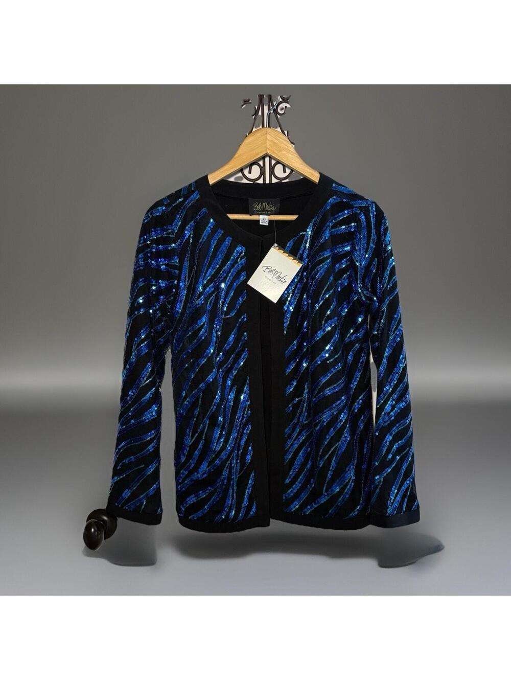 NWT Bob Mackie Wearable Art Blue Sequin Zebra Cardigan XS Open Front